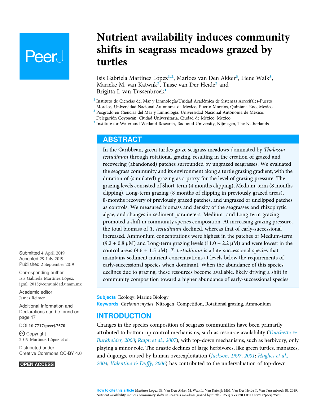 Nutrient Availability Induces Community Shifts in Seagrass Meadows Grazed by Turtles