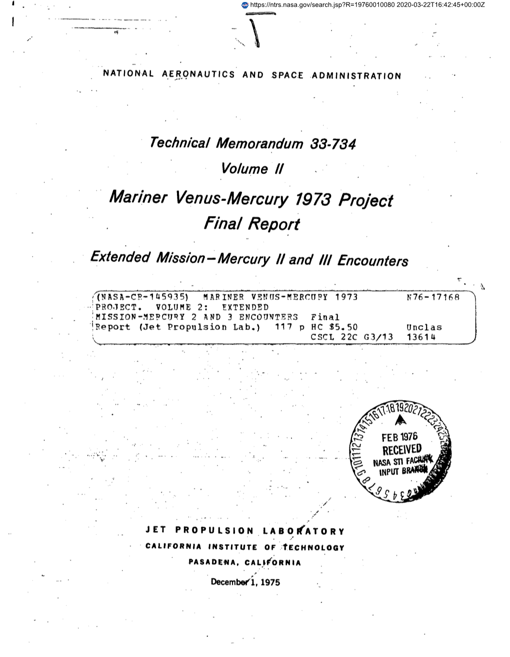 Mariner Venus-Mercury 1973 Project Final Report