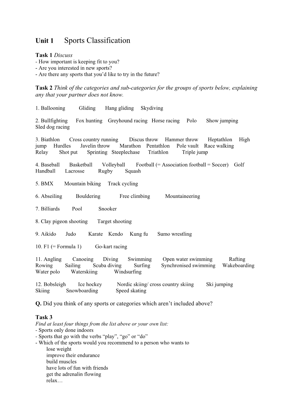 Unit 1 Sports Classification