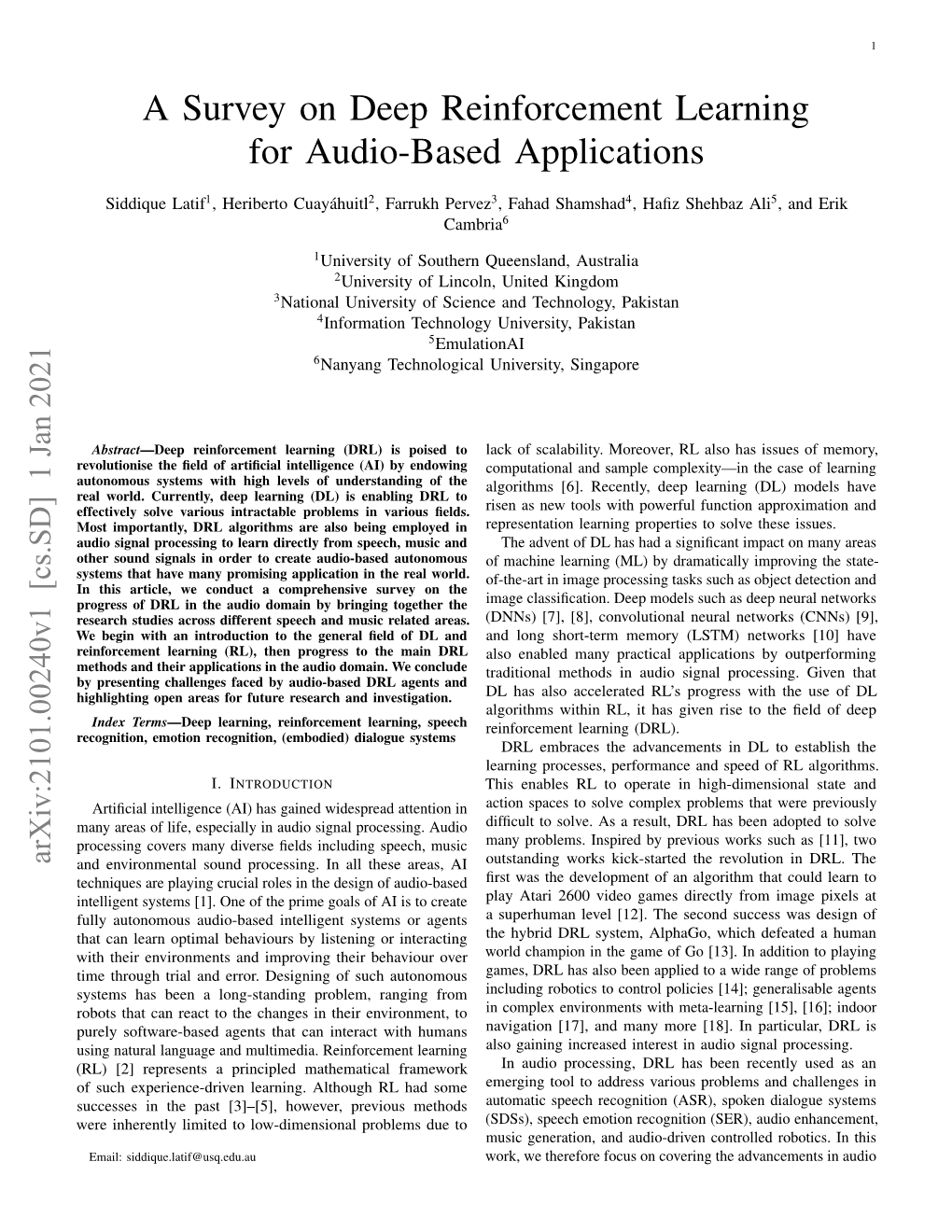 A Survey on Deep Reinforcement Learning for Audio-Based Applications