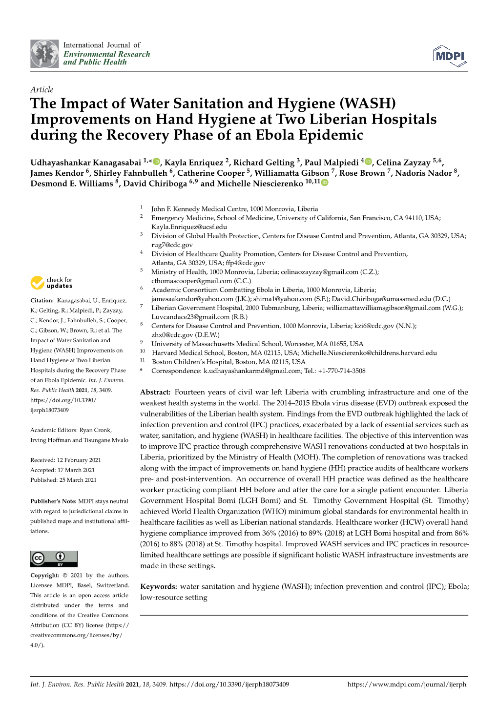 The Impact of Water Sanitation and Hygiene (WASH) Improvements on Hand Hygiene at Two Liberian Hospitals During the Recovery Phase of an Ebola Epidemic