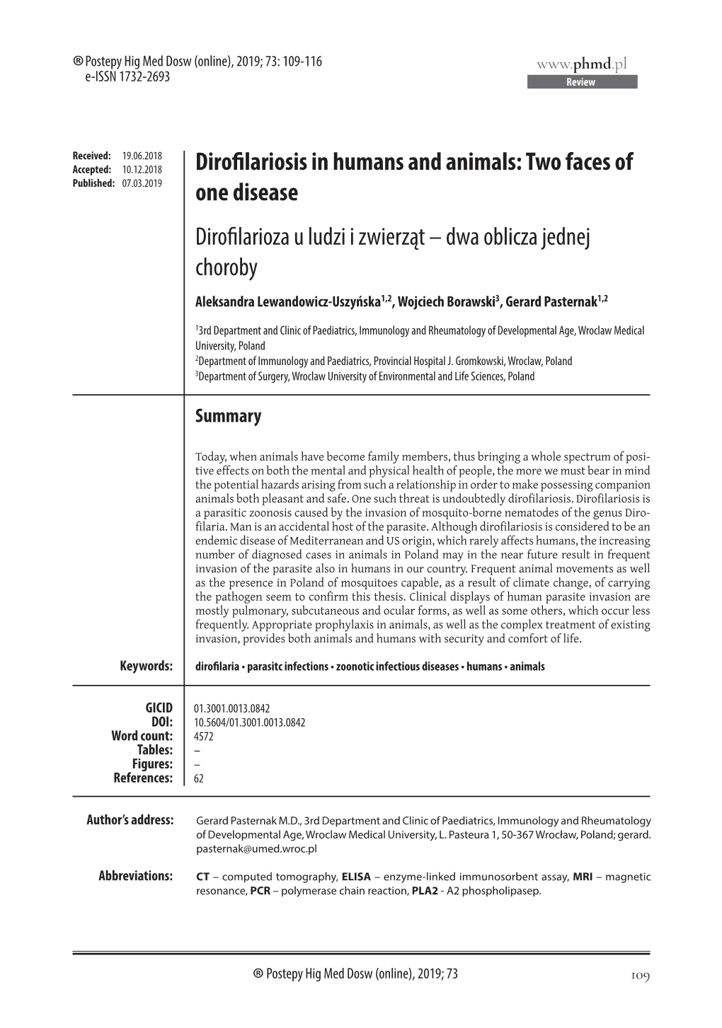 Dirofilariosis in Humans and Animals: Two Faces of One Disease