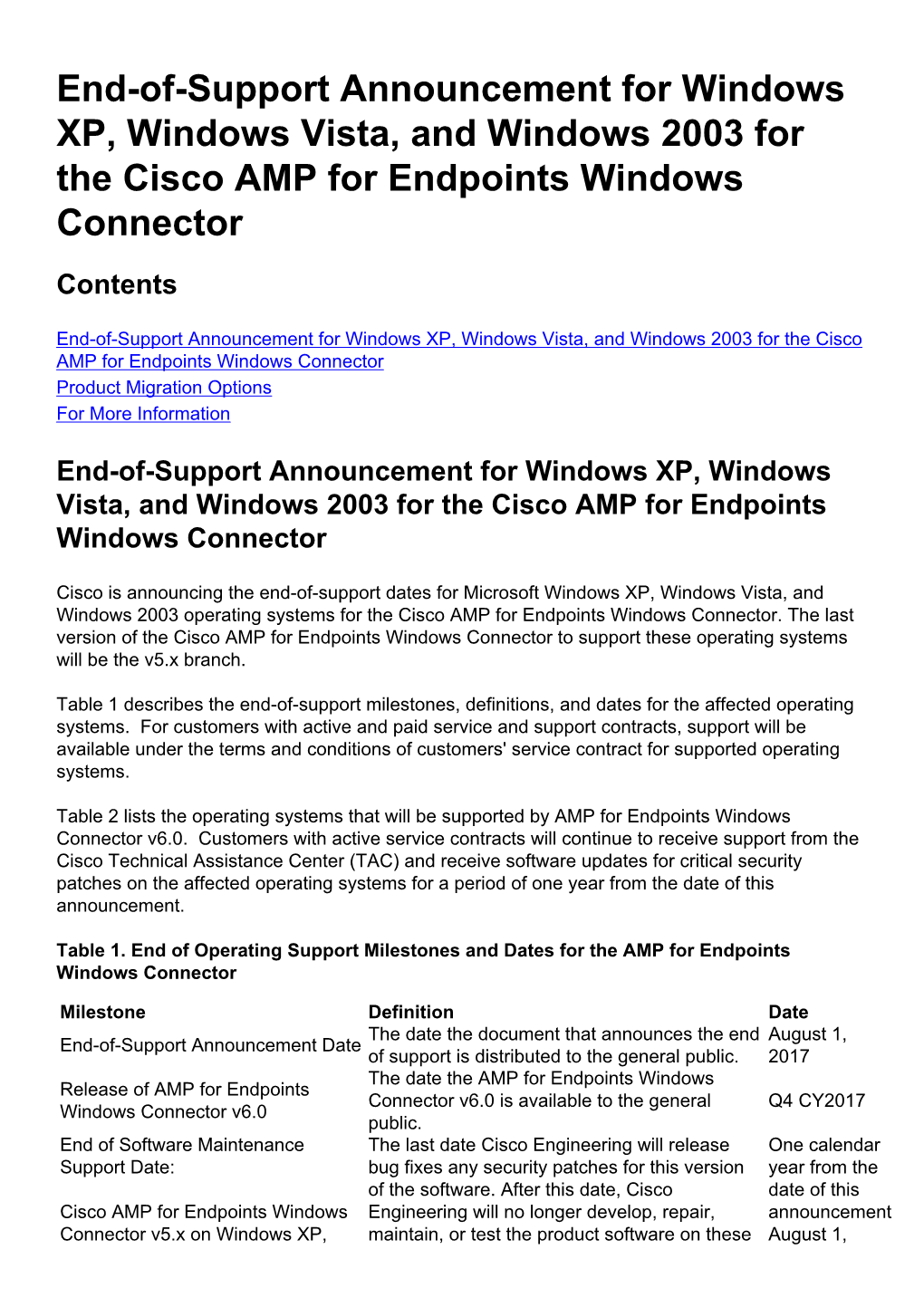 End-Of-Support Announcement for Windows XP, Windows Vista, and Windows 2003 for the Cisco AMP for Endpoints Windows Connector