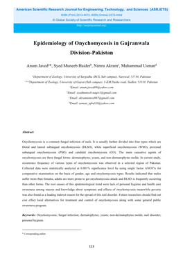 Epidemiology of Onychomycosis in Gujranwala Division-Pakistan