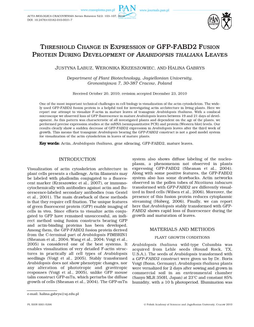Threshold Change in Expression of Gfp-Fabd2 Fusion Protein During Development of Arabidopsis Thaliana Leaves