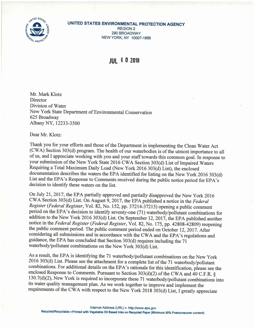 EPA Region 2 Decision Letter for New York State's 2016 303(D)
