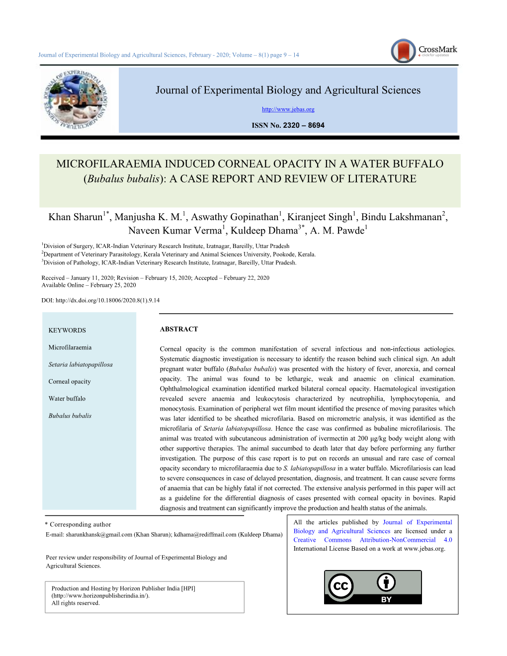 Journal of Experimental Biology and Agricultural Sciences, February - 2020; Volume – 8(1) Page 9 – 14