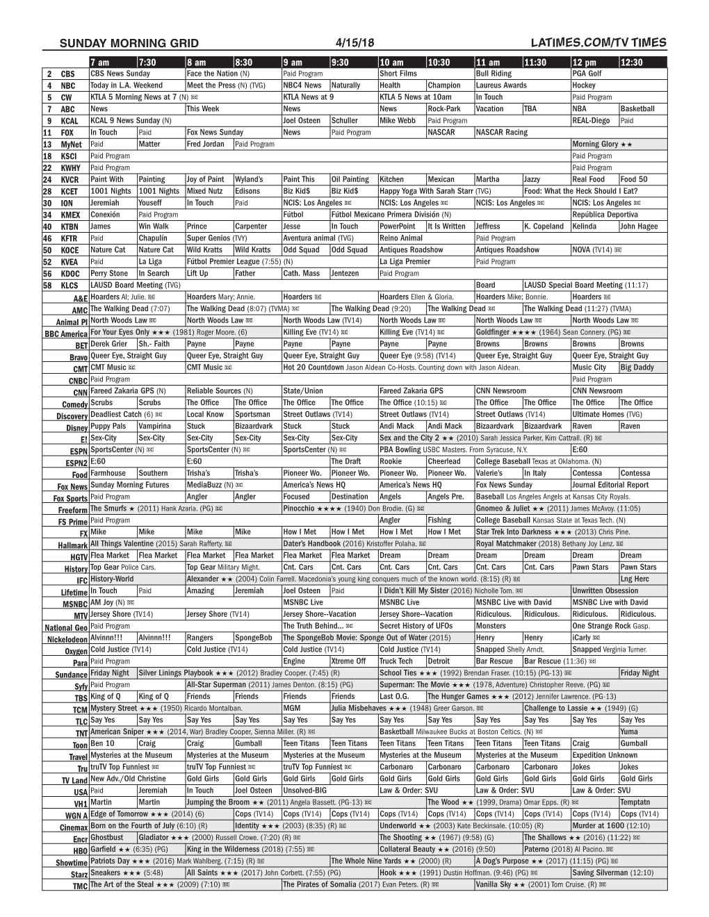 Sunday Morning Grid 4/15/18 Latimes.Com/Tv Times