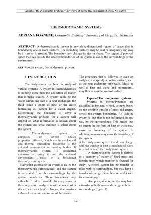 THERMODYNAMIC SYSTEMS ADRIANA FOANENE, Constantin Brâncuși University of Târgu Jiu, Romania 1. INTRODUCTION