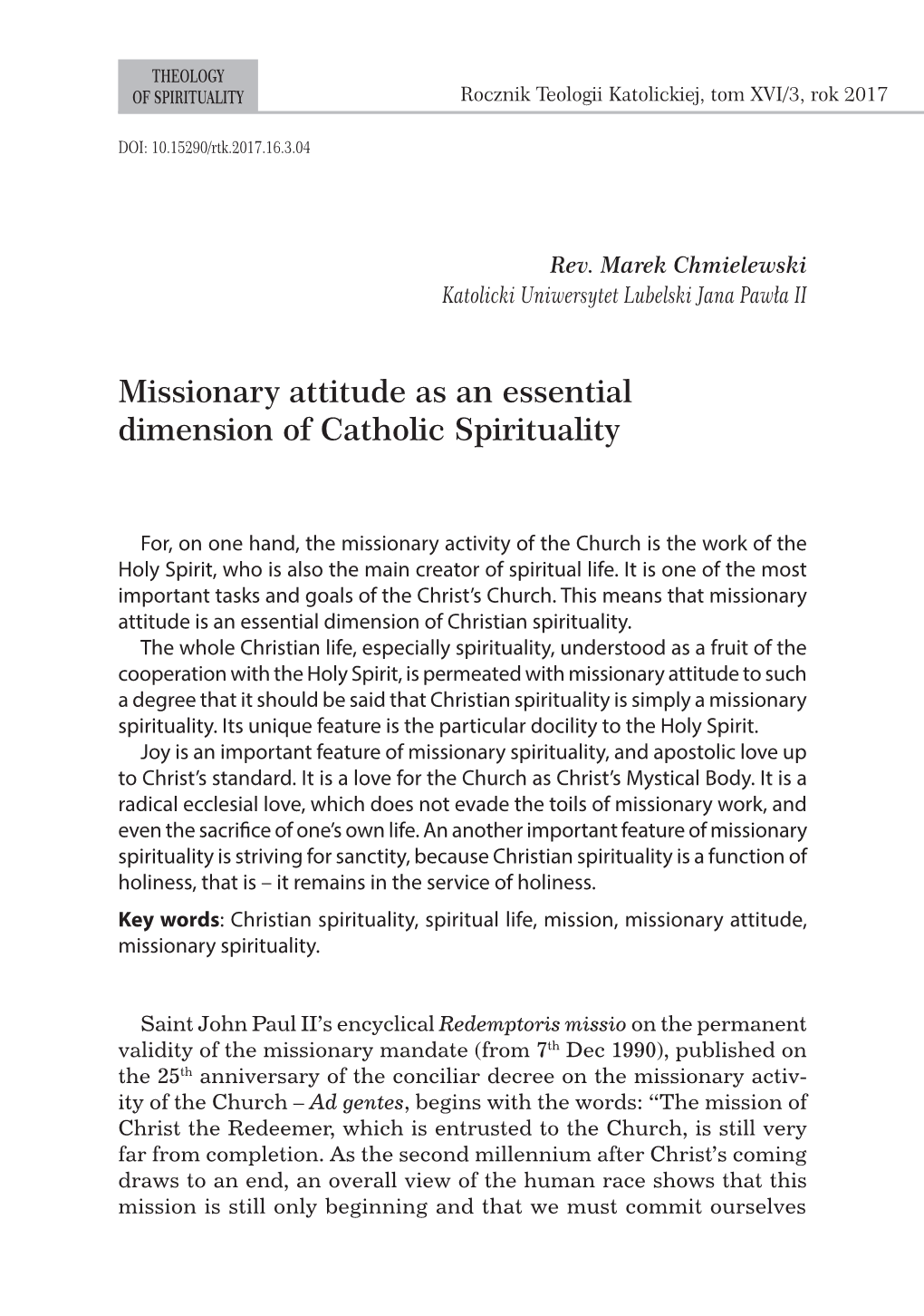 Missionary Attitude As an Essential Dimension of Catholic Spirituality