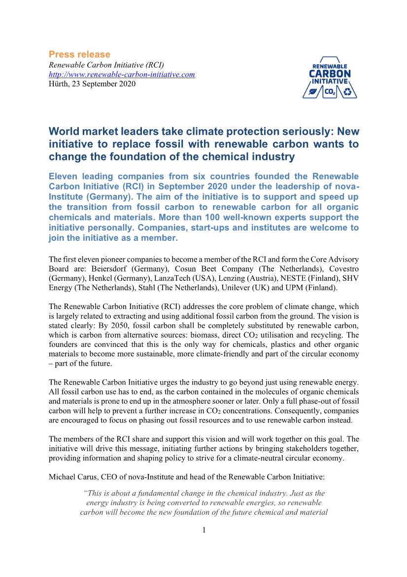 Press Release Renewable Carbon Initiative (RCI) Hürth, 23 September 2020
