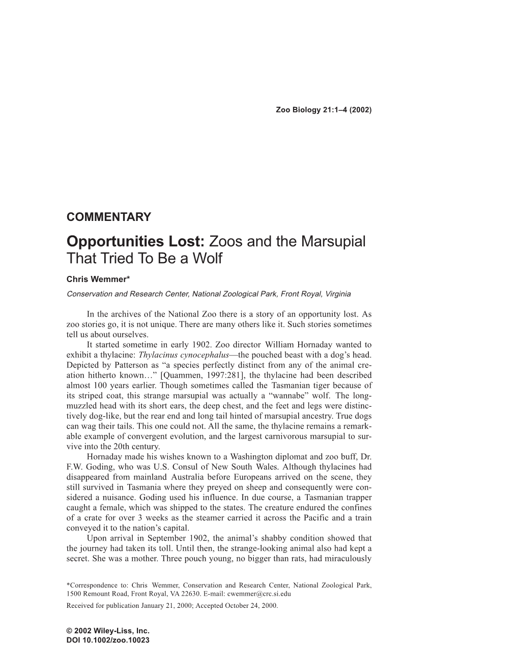 Opportunities Lost: Zoos and the Marsupial That Tried to Be a Wolf