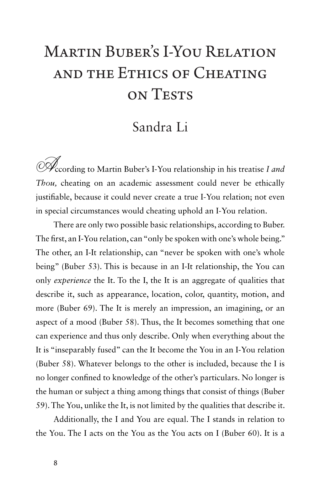 Martin Buber's I-You Relation and the Ethics of Cheating on Tests