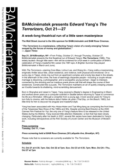 Bamcinématek Presents Edward Yang's the Terrorizers, Oct 21—27