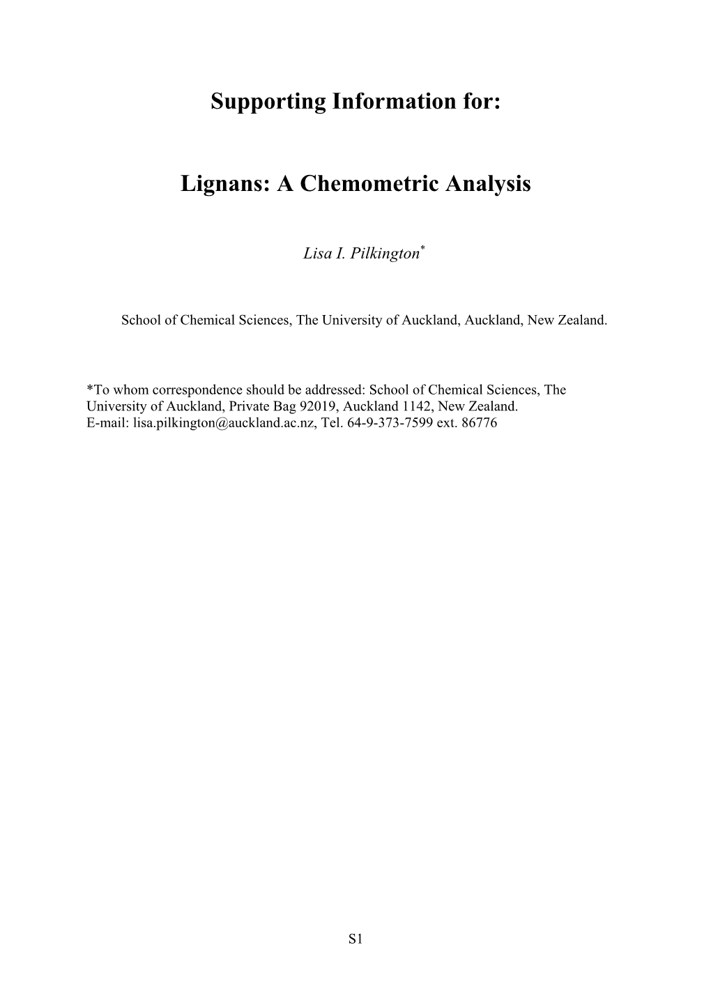 Supporting Information For: Lignans: a Chemometric Analysis