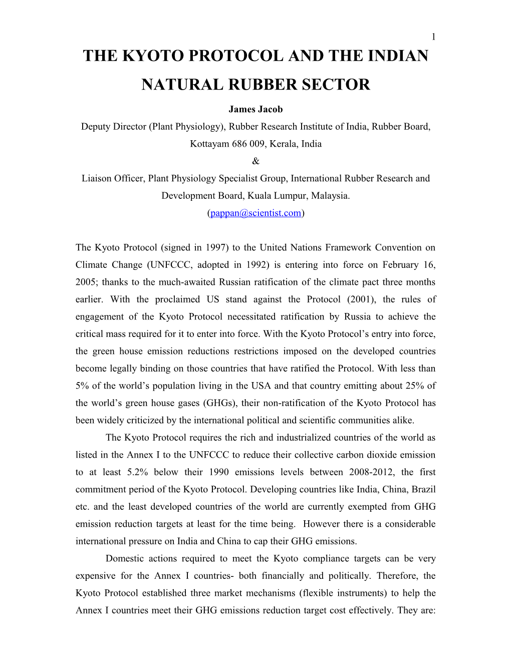 The Kyoto Protocol and the Indian Natural Rubber Sector