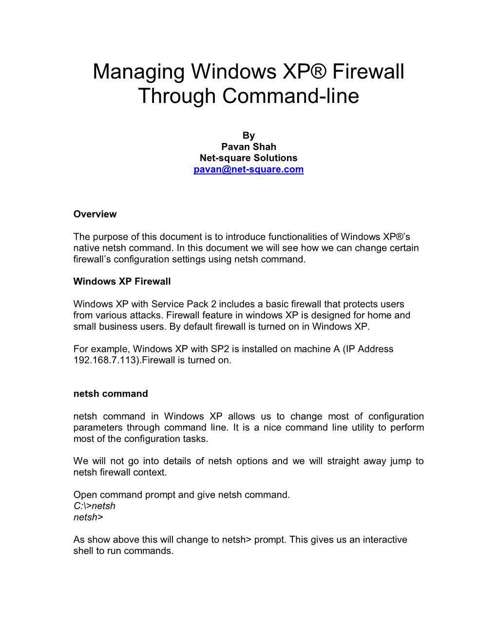 Managing Windows XP® Firewall Through Command-Line