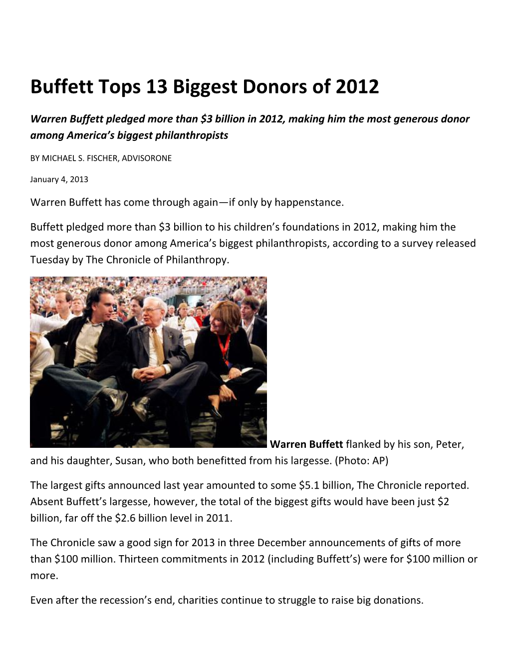 Buffett Tops 13 Biggest Donors of 2012