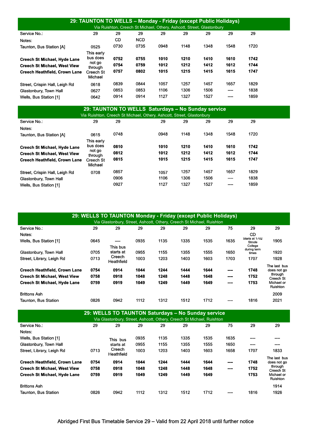 Valid from 22 April 2018 Until Further Notice 29: TAUNTON to WELLS