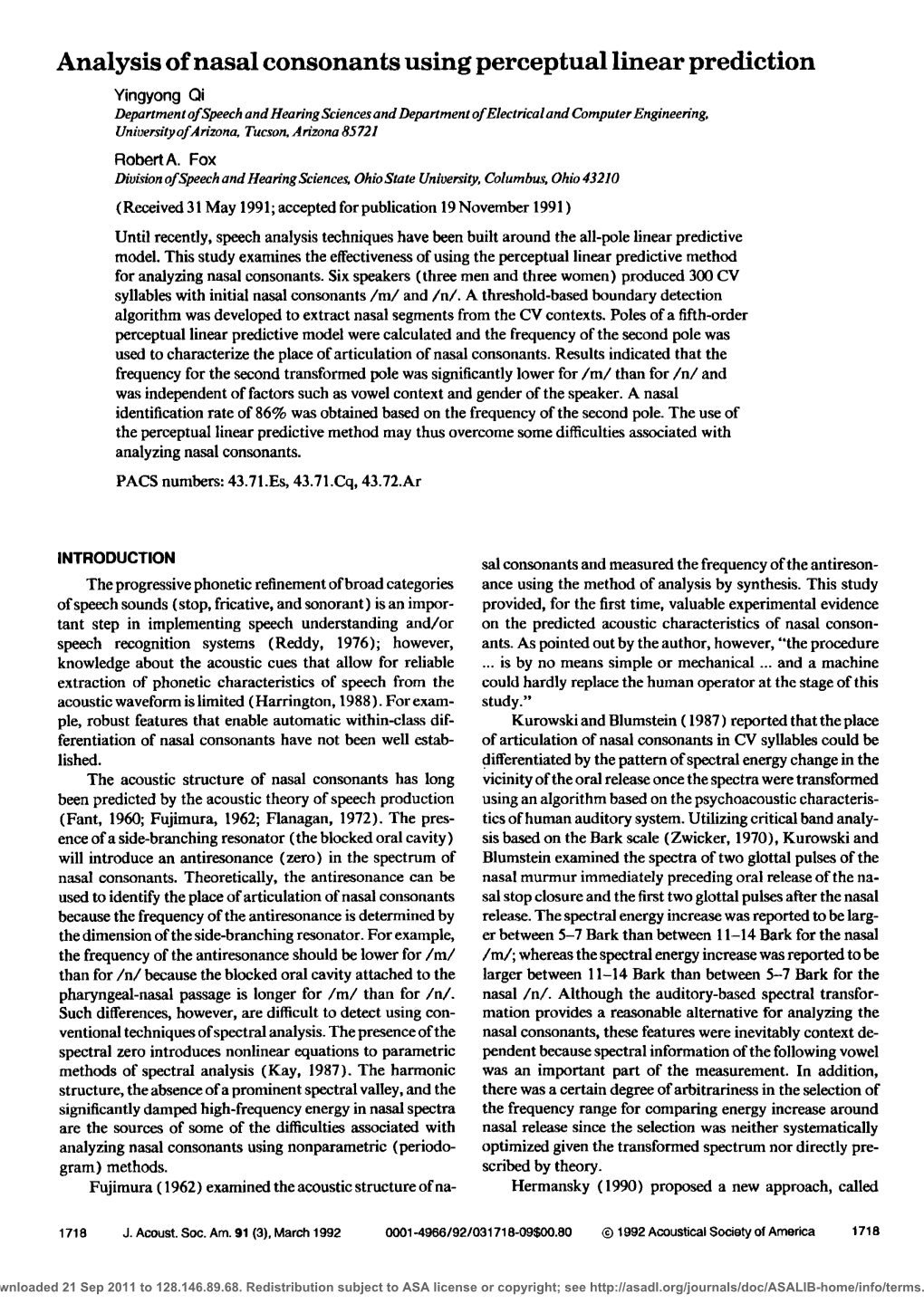 Analysis of Nasal Consonants Using Perceptual Linear Prediction