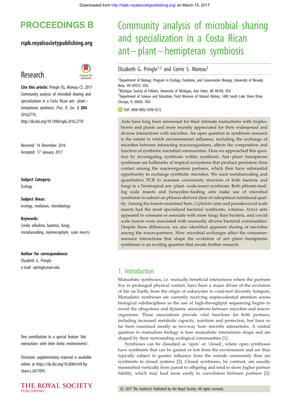 Community Analysis of Microbial Sharing and Specialization in a Costa Rican Ant–Plant–Hemipteran Symbiosis