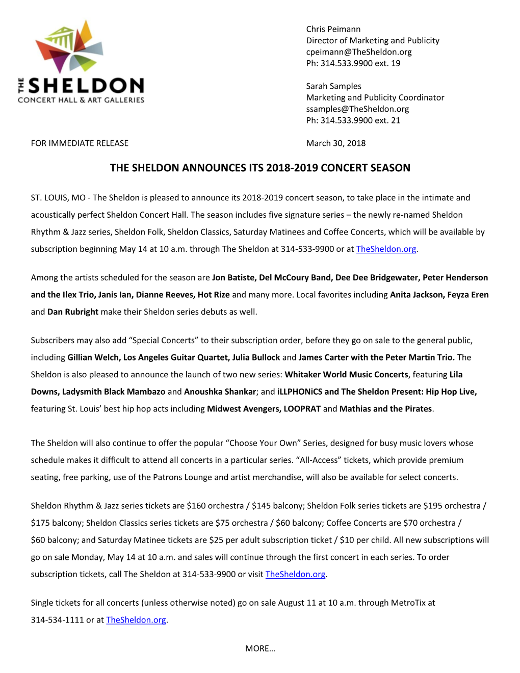 The Sheldon Announces Its 2018-2019 Concert Season