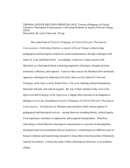 THOMAS, OLIVER MELTON-CHRISTIAN, Ph.D. Toward a Pedagogy of Critical Liberative Theological Consciousness: Cultivating Students As Agents of Social Change