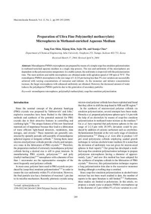 Preparation of Ultra Fine Poly(Methyl Methacrylate) Microspheres in Methanol-Enriched Aqueous Medium
