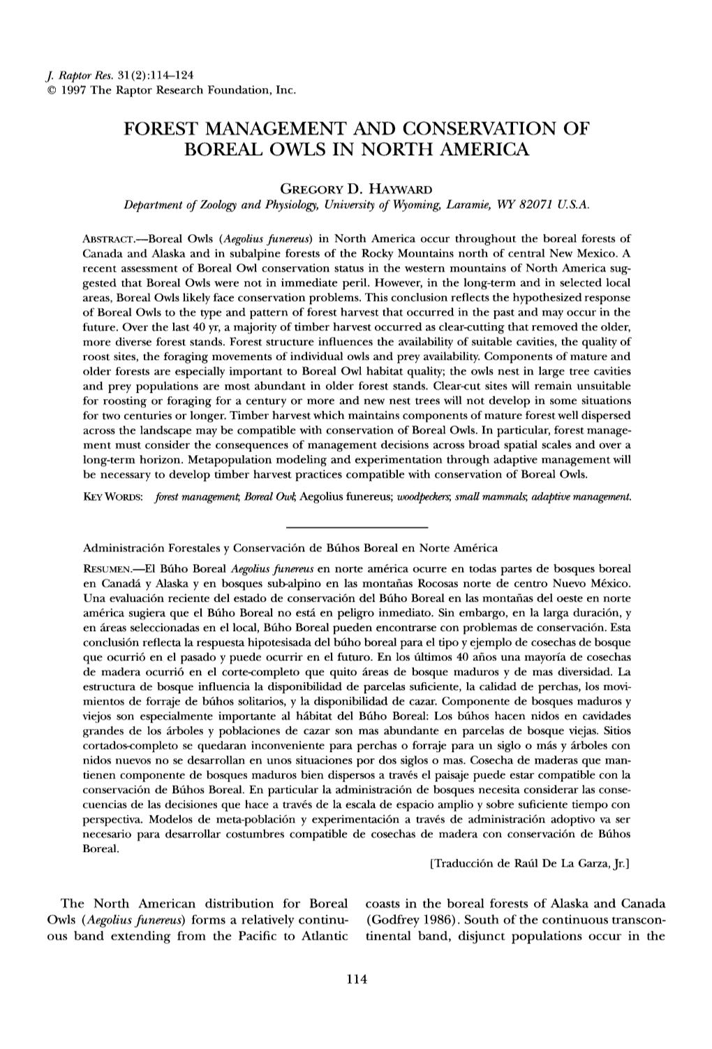 Forest Management and Conservation of Boreal Owls in North America