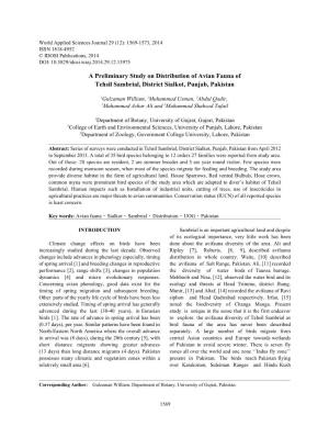 A Preliminary Study on Distribution of Avian Fauna of Tehsil Sambrial, District Sialkot, Punjab, Pakistan