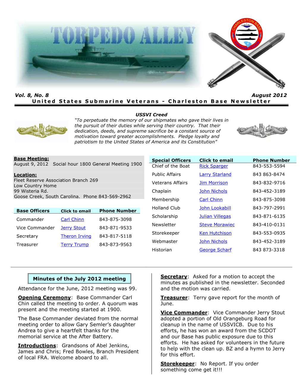 Vol. 8, No. 8 August 2012 United States Submarine Veterans - Charleston Base Newsletter
