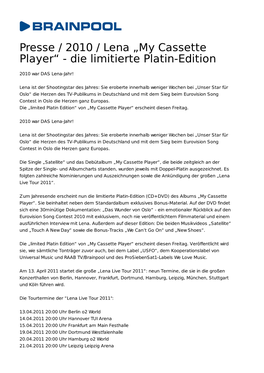 Presse / 2010 / Lena „My Cassette Player“ - Die Limitierte Platin-Edition