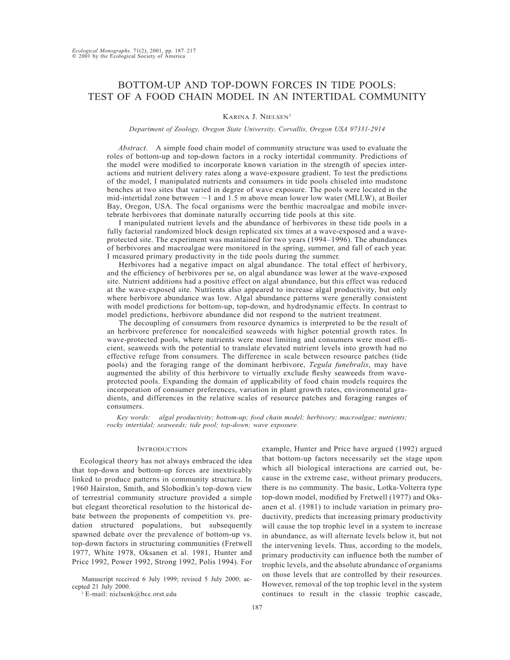 Bottom-Up and Top-Down Forces in Tide Pools: Test of a Food Chain Model in an Intertidal Community