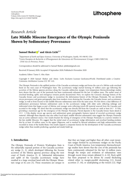 Research Article Late Middle Miocene Emergence of the Olympic Peninsula Shown by Sedimentary Provenance