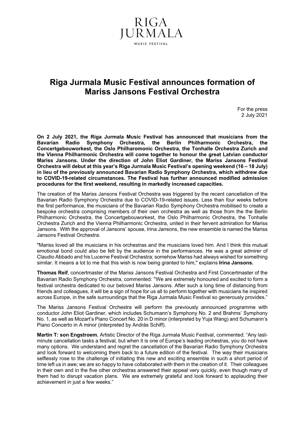 Riga Jurmala Music Festival Announces Formation of Mariss Jansons Festival Orchestra