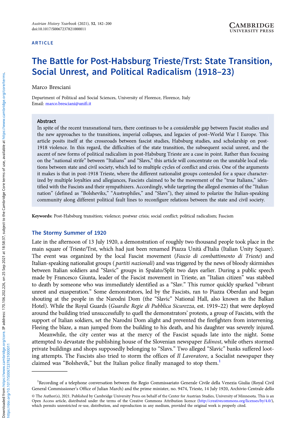 The Battle for Post-Habsburg Trieste/Trst: State Transition, Social Unrest, and Political