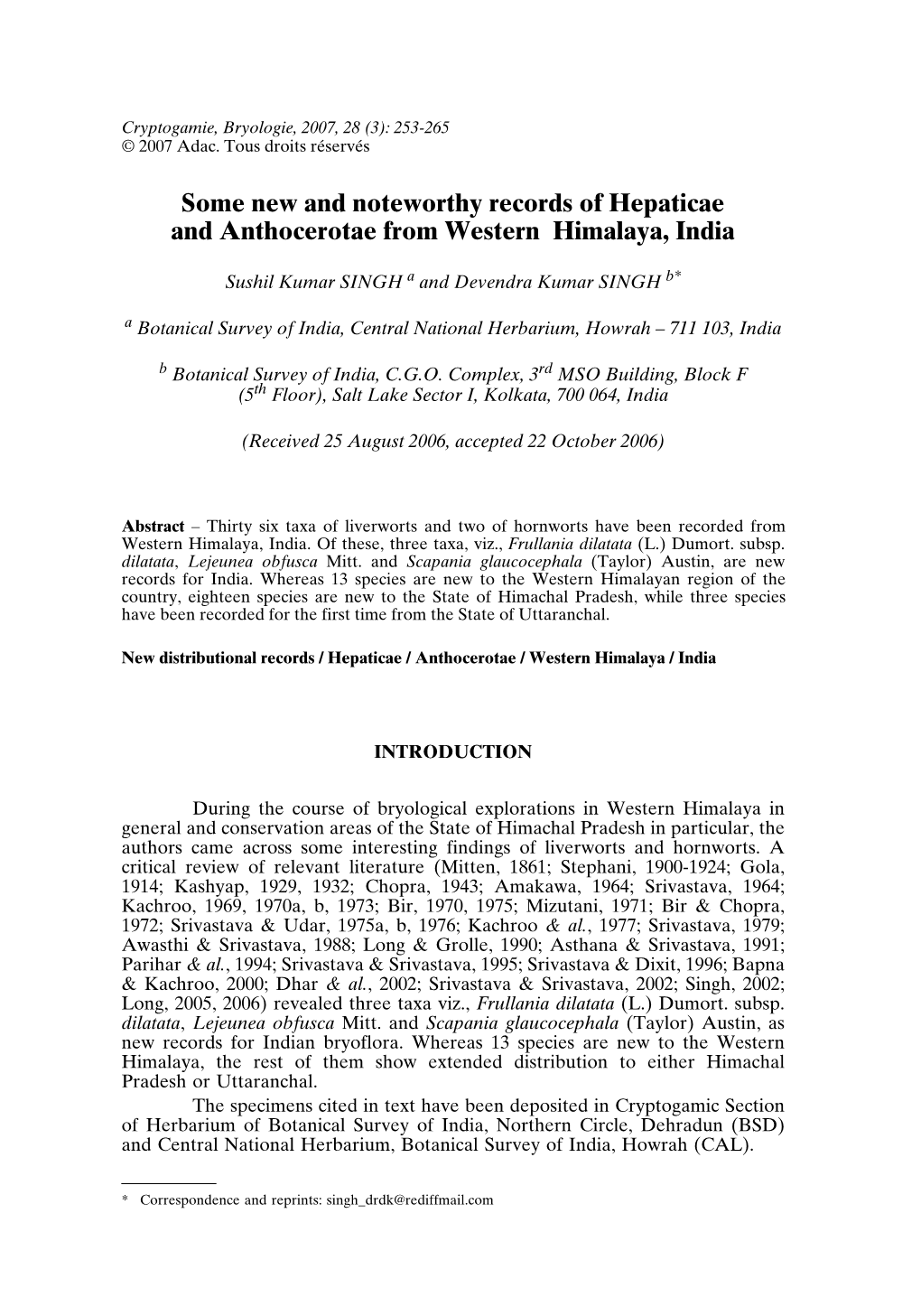 Some New and Noteworthy Records of Hepaticae and Anthocerotae from Western Himalaya, India