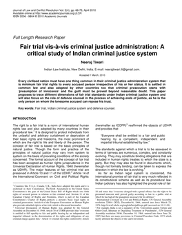 Fair Trial Vis-À-Vis Criminal Justice Administration: a Critical Study of Indian Criminal Justice System