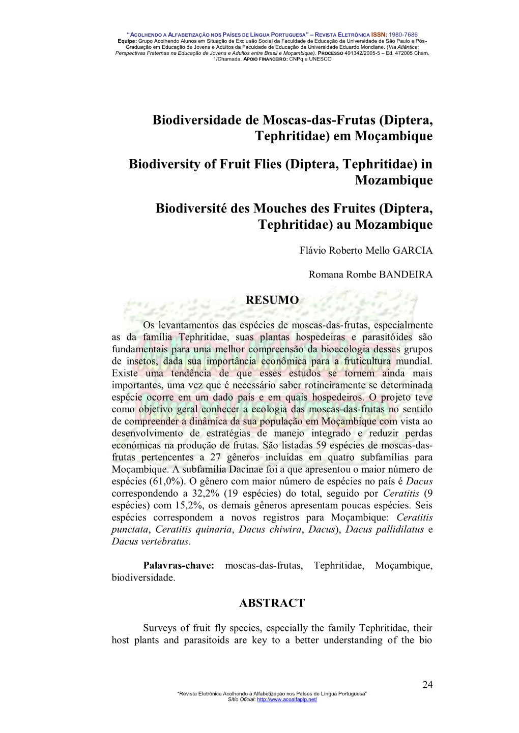 Biodiversidade De Moscas-Das-Frutas (Diptera, Tephritidae) Em Moçambique