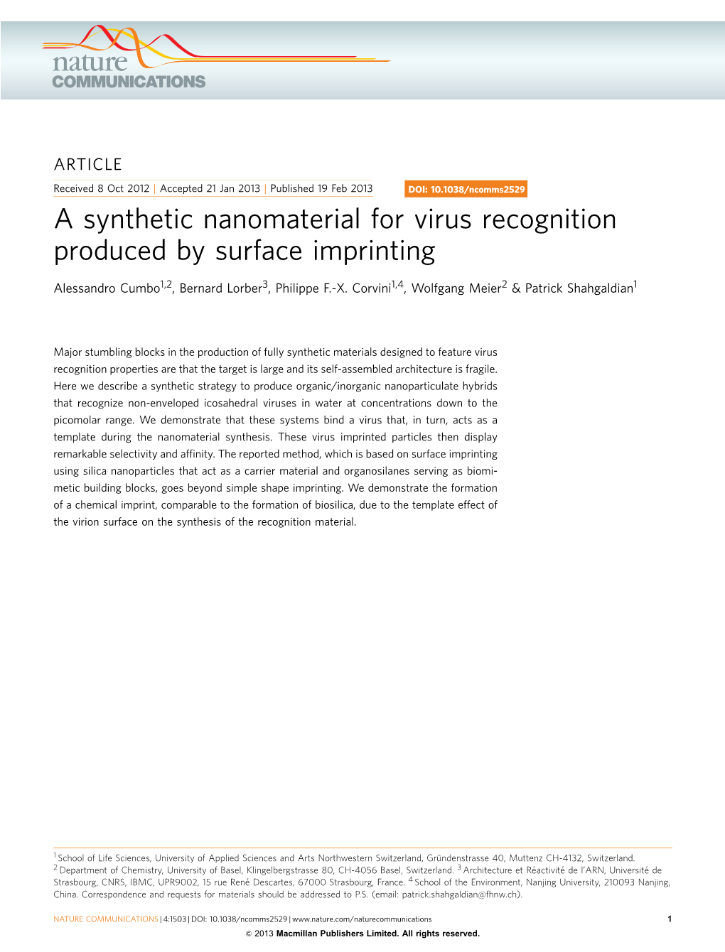 A Synthetic Nanomaterial for Virus Recognition Produced by Surface Imprinting