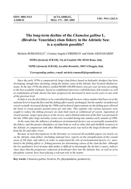 The Long-Term Decline of the Chamelea Gallina L. (Bivalvia: Veneridae) Clam Fishery in the Adriatic Sea: Is a Synthesis Possible?
