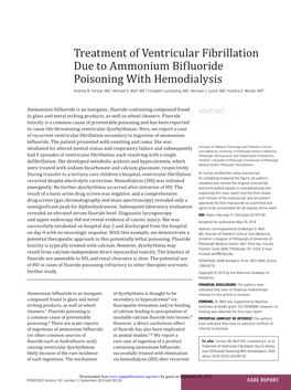 Treatment of Ventricular Fibrillation Due to Ammonium Bifluoride Poisoning with Hemodialysis Andrew N