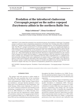 Predation of the Introduced Cladoceran Cercopagis Pengoi on the Native Copepod Eurytemora Affinis in the Northern Baltic Sea
