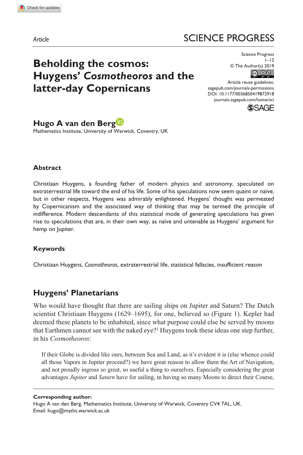 Huygens' Cosmotheoros and the Latter-Day Copernicans