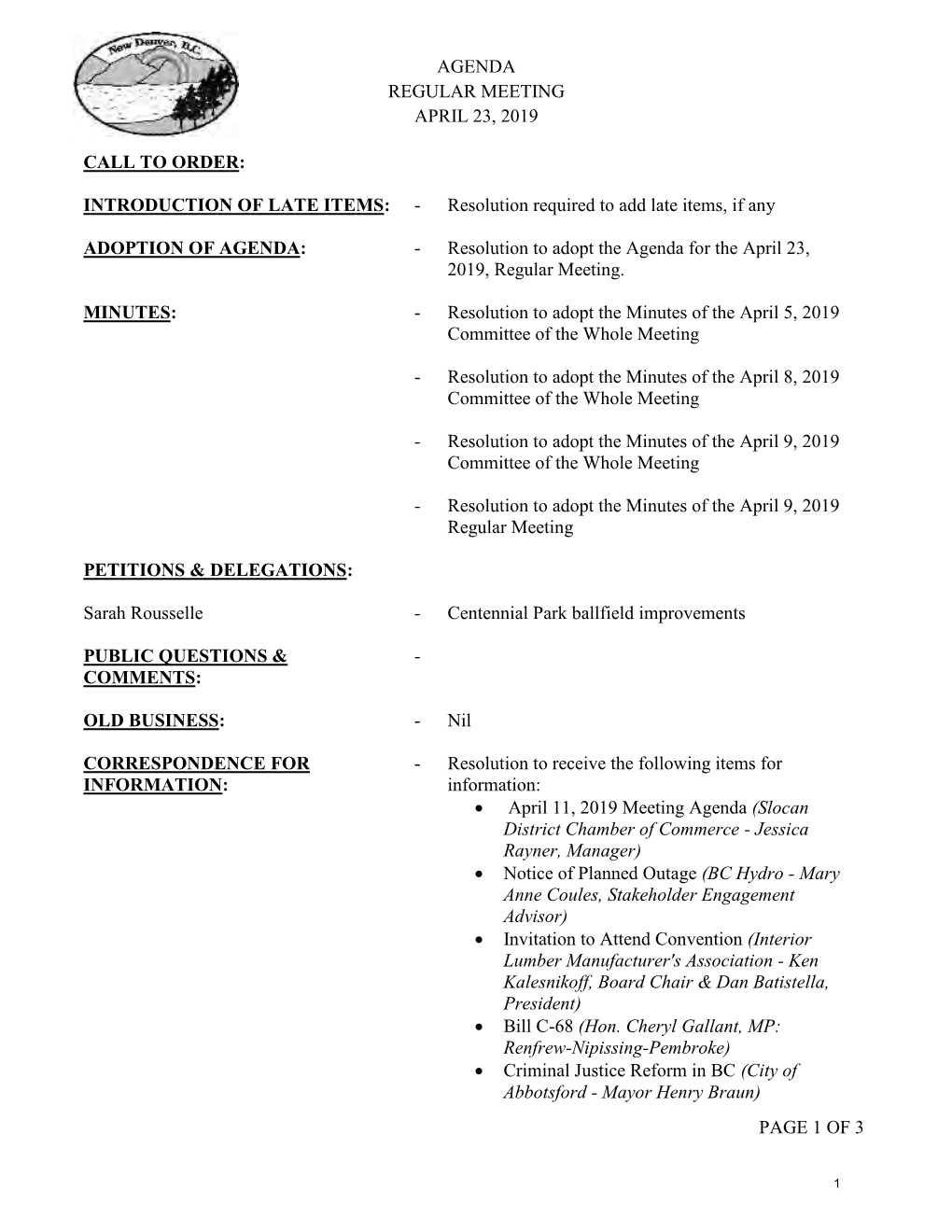 Agenda Regular Meeting April 23, 2019 Page 1 of 3 Call To