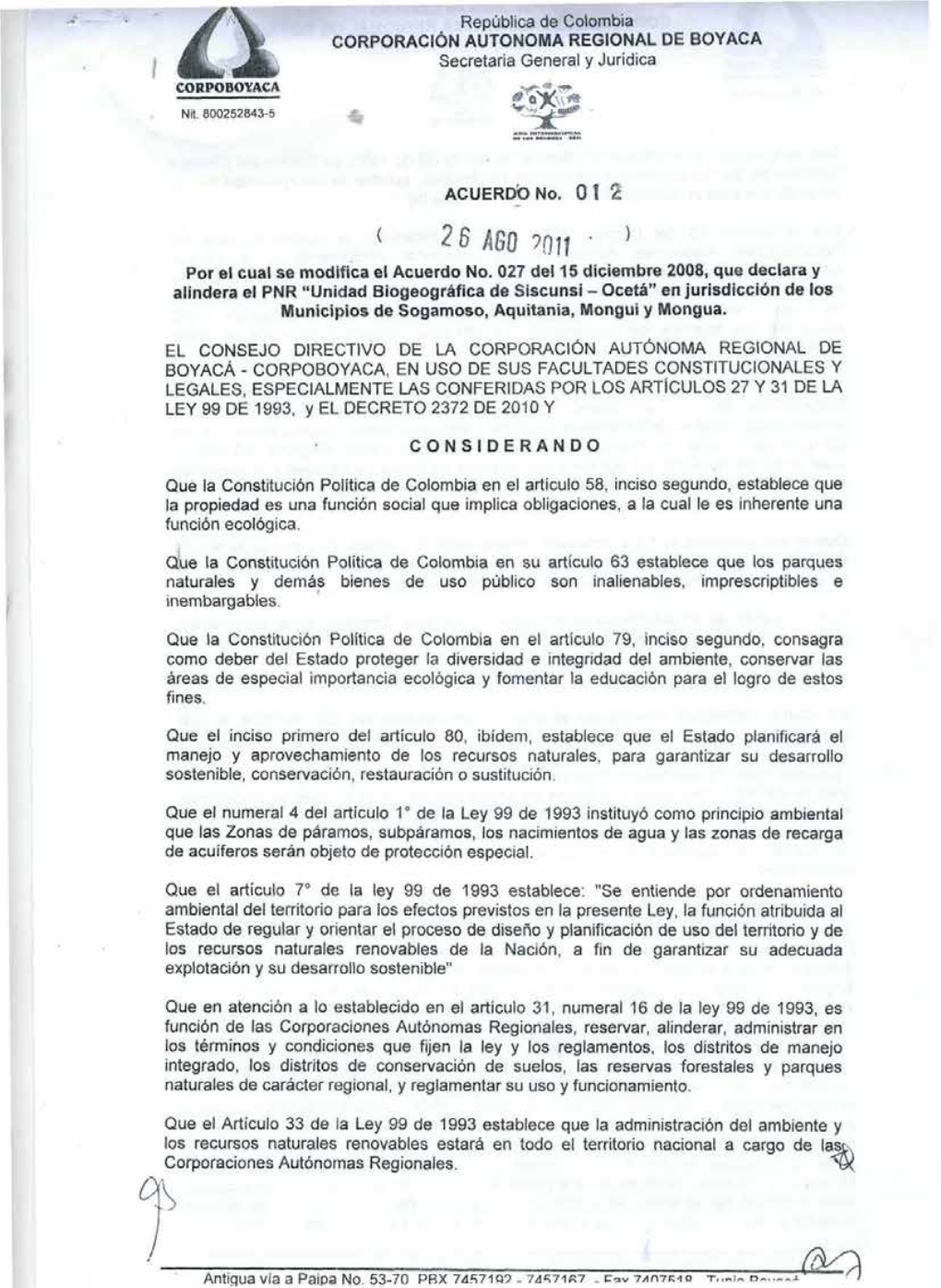 República De Colombia CORPORACIÓN AUTÓNOMA REGIONAL DE BOYACA Secretaria General Y Jurídica CORPOBOYACA *** Nit