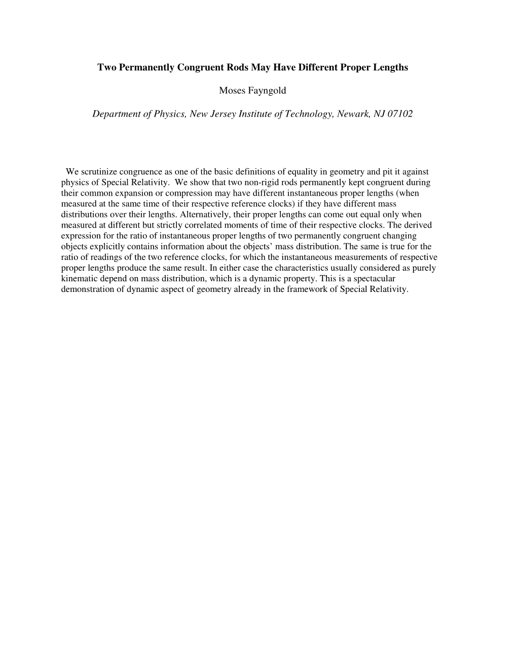 Two Permanently Congruent Rods May Have Different Proper Lengths Moses Fayngold Department of Physics, New Jersey Institute of T