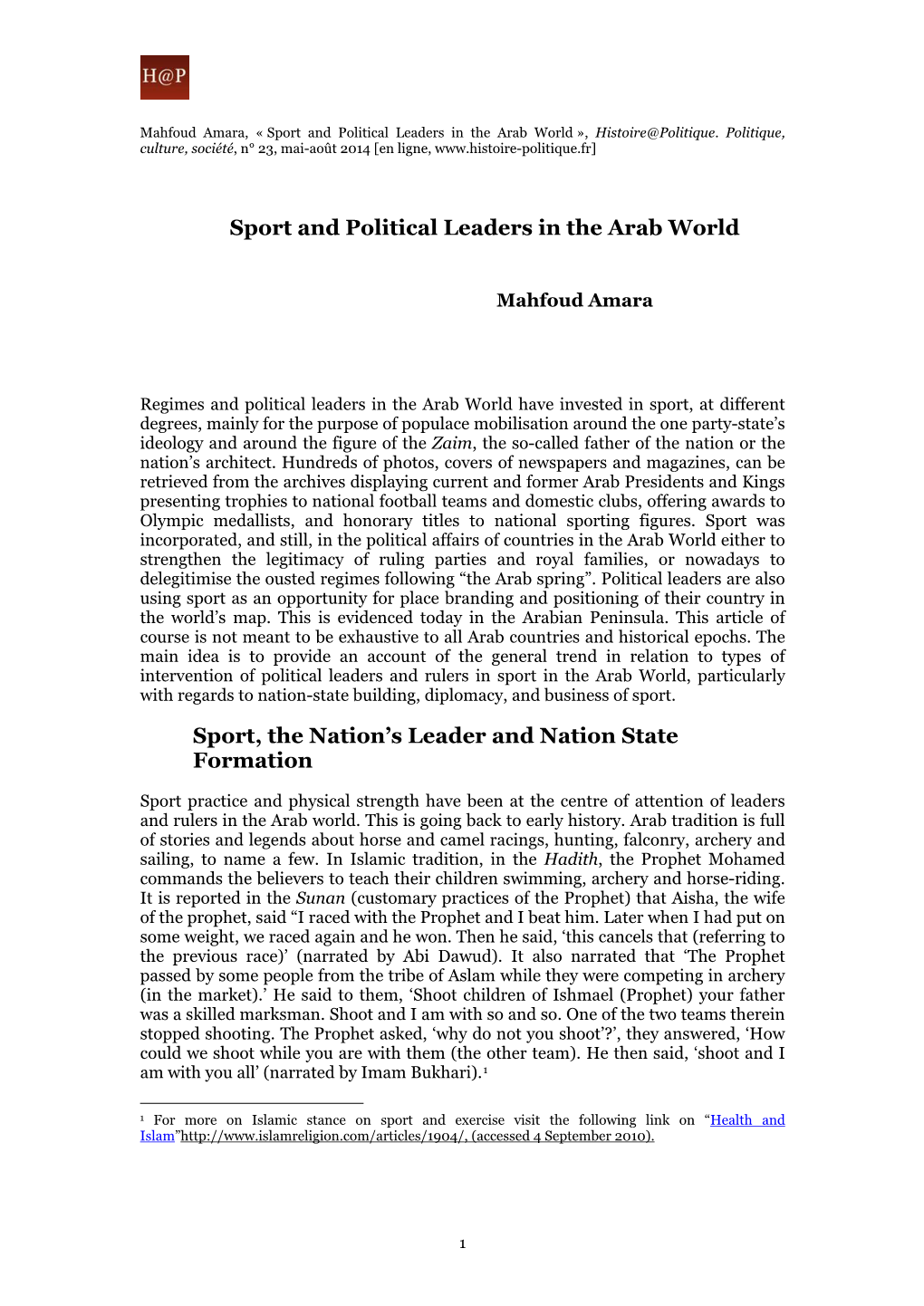 Sport and Political Leaders in the Arab World », Histoire@Politique