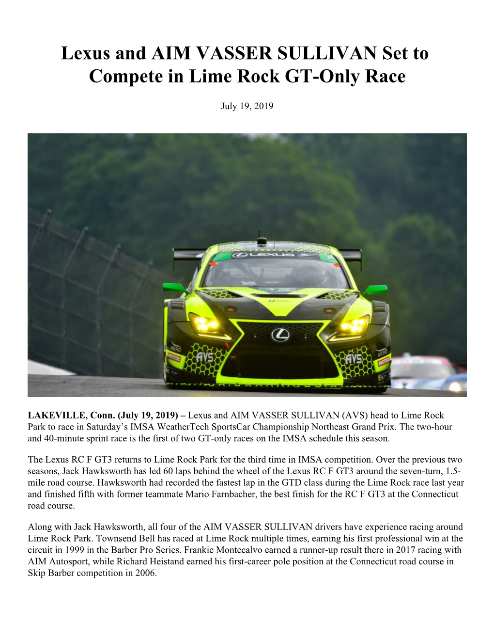 Lexus and AIM VASSER SULLIVAN Set to Compete in Lime Rock GT-Only Race