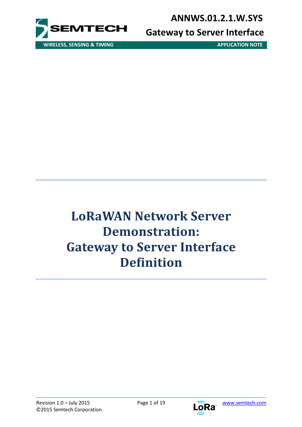 Lorawan Network Server Demonstration: Gateway to Server Interface Definition